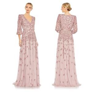 Mac Duggal Embellished V Neck 3/4 Sleeve A Line Gown, $798 Size 8